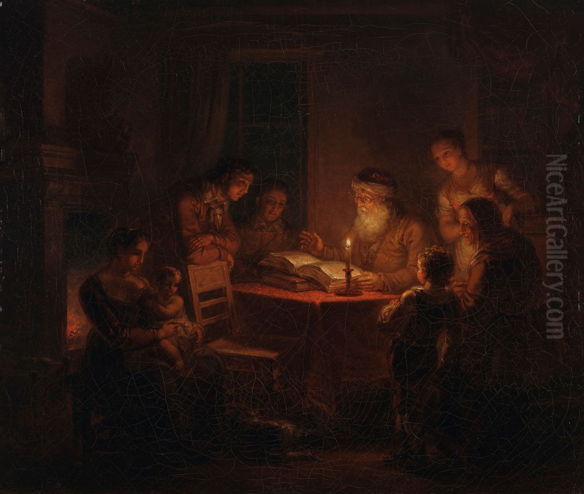 Jewish Rabbi Reading the Bible to His Family Oil Painting by Aleksander Laureus