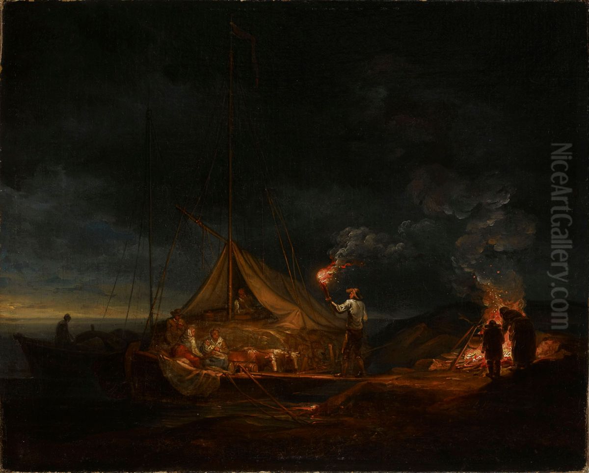 Saaristolaisia nuotiolla Oil Painting by Aleksander Laureus