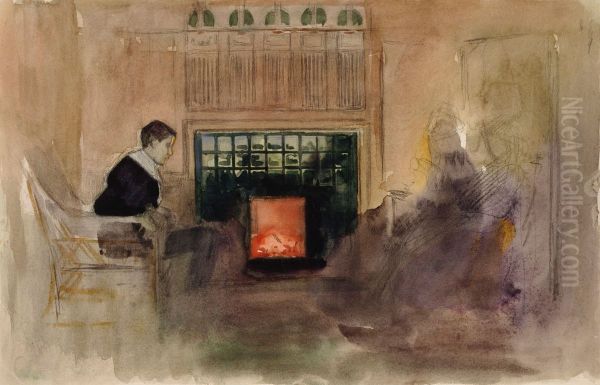 Interioori taiteilijan huvilalta Kilosta, Erik istumassa uunin vieressa Oil Painting by Albert Edelfelt