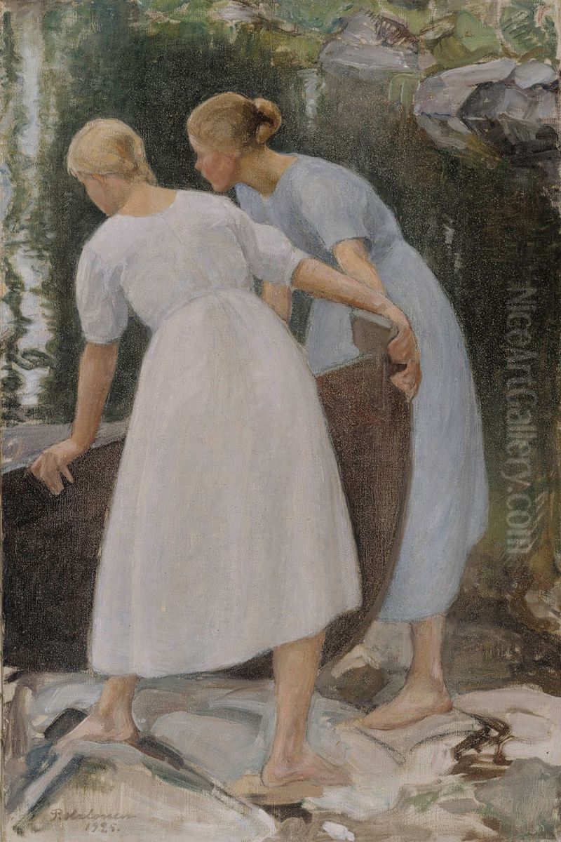 Girls Pushing a Boat Oil Painting by Pekka Halonen
