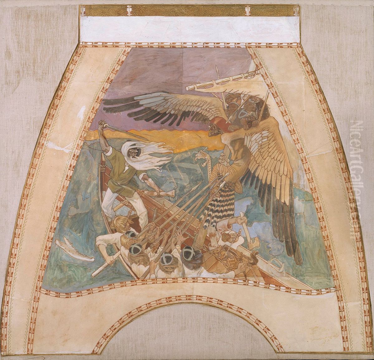 The defence of the Sampo, Sketch for the cupola frescos of the Finnish Pavilion in Paris 1900 Oil Painting by Akseli Valdemar Gallen-Kallela