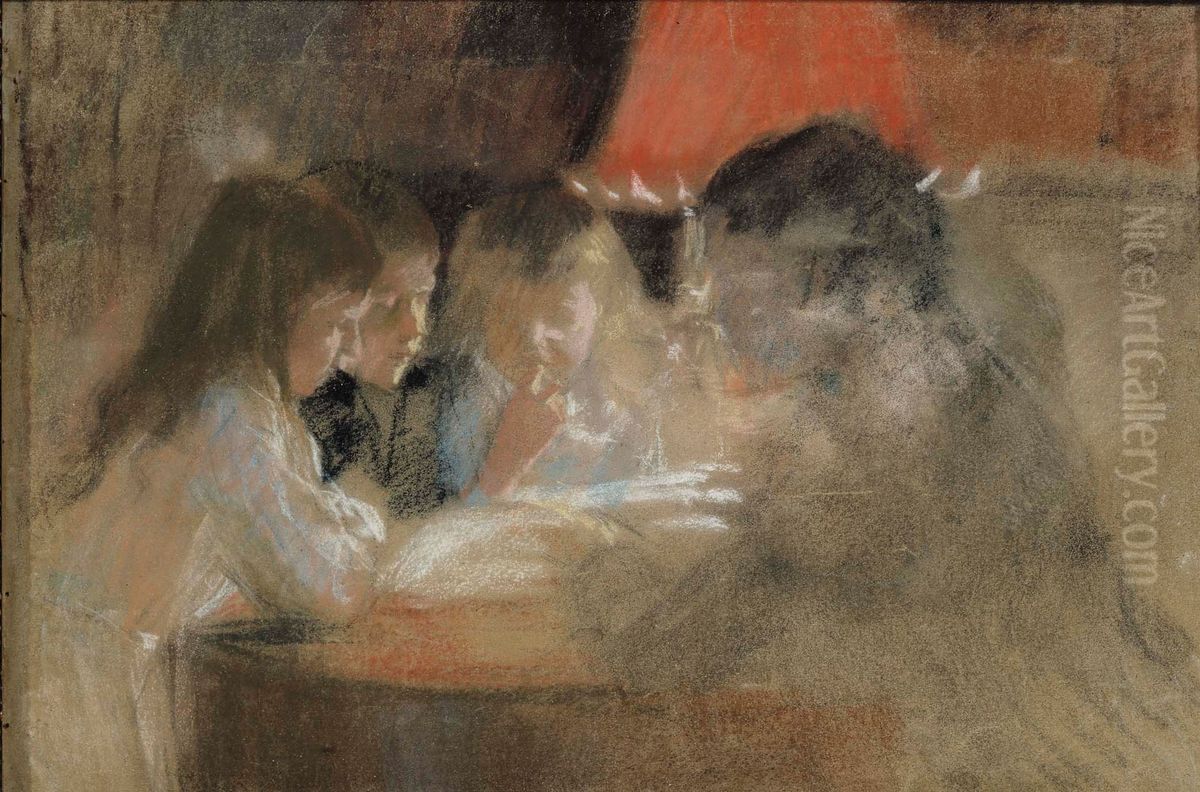The Brandt Family Children (By the Lamp) Oil Painting by Albert Edelfelt