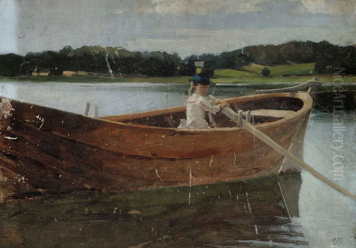 The Artist's Sister Berta in a Rowing Boat, study Oil Painting by Albert Edelfelt