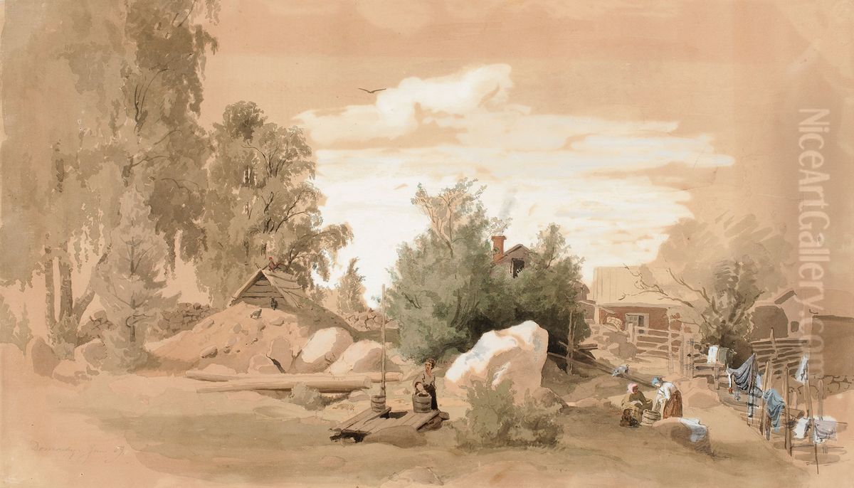 Talon piha, vaatteita pesevia naisia Tuomarinkylassa Oil Painting by Werner Holmberg