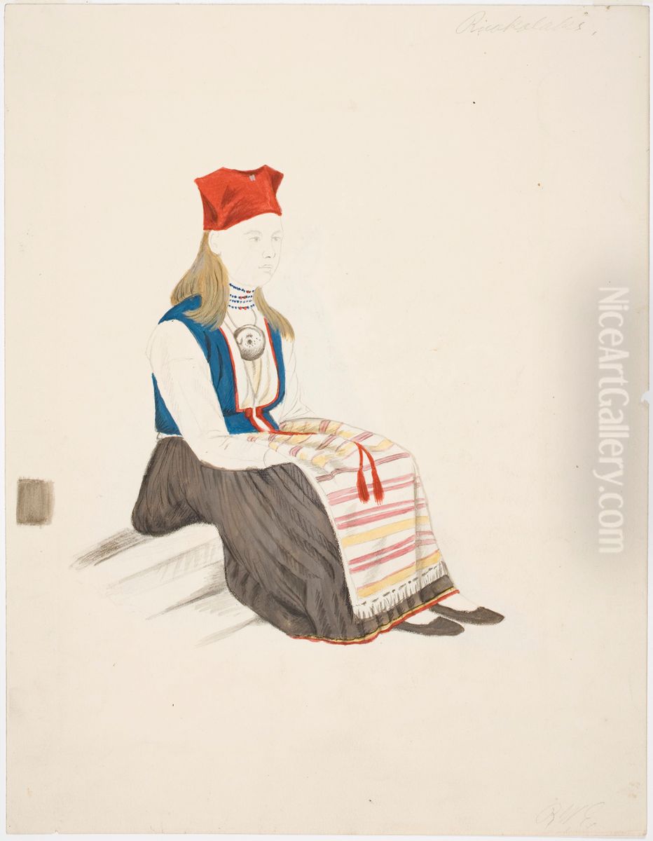 Talonpoikaisnainen Ruokolahdelta istumassa kadet esiliinan alla Oil Painting by Robert Wilhelm Ekman