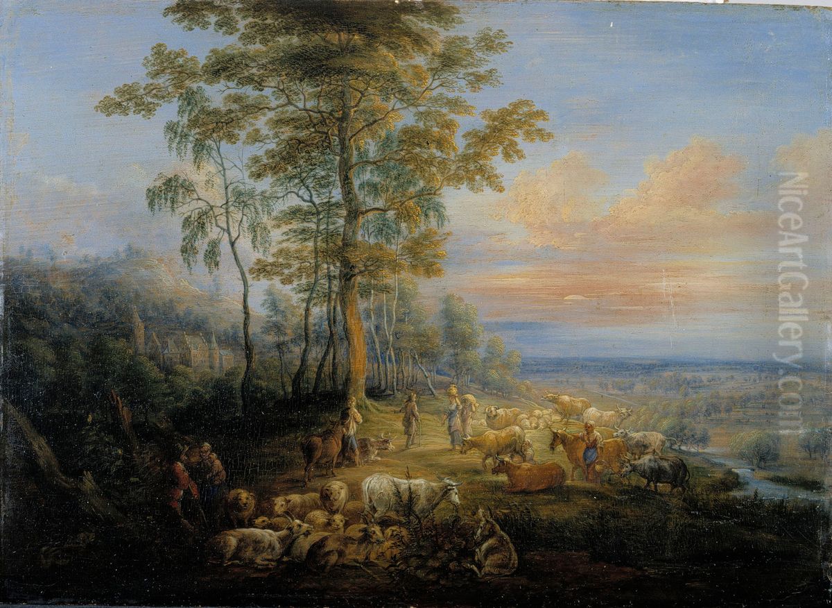 Cattle with cowherds Oil Painting by Lucas Van Uden