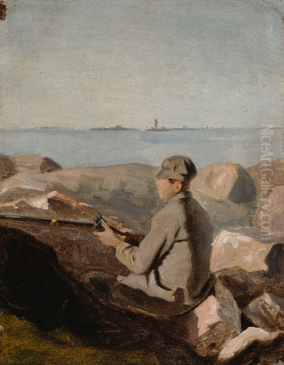 Linnustaja rannalla, harjoitelma Oil Painting by Aukusti Uotila Linnustaja rannalla, harjoitelma Oil Painting by Aukusti Uotila