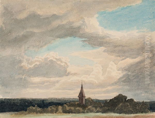 Steeple in a Landscape in Odenthal, Study Oil Painting by Werner Holmberg