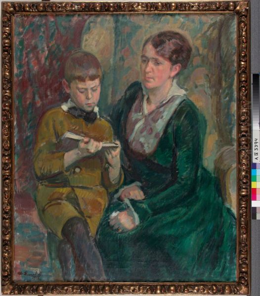 Rouva Esther Cederhvarf ja hanen poikansa Oil Painting by Magnus Enckell