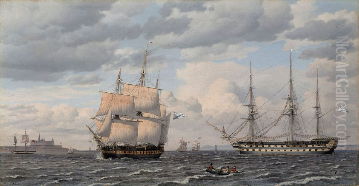 Russian sailing ships off Kronborg castle Oil Painting by Christoffer Wilhelm Eckersberg