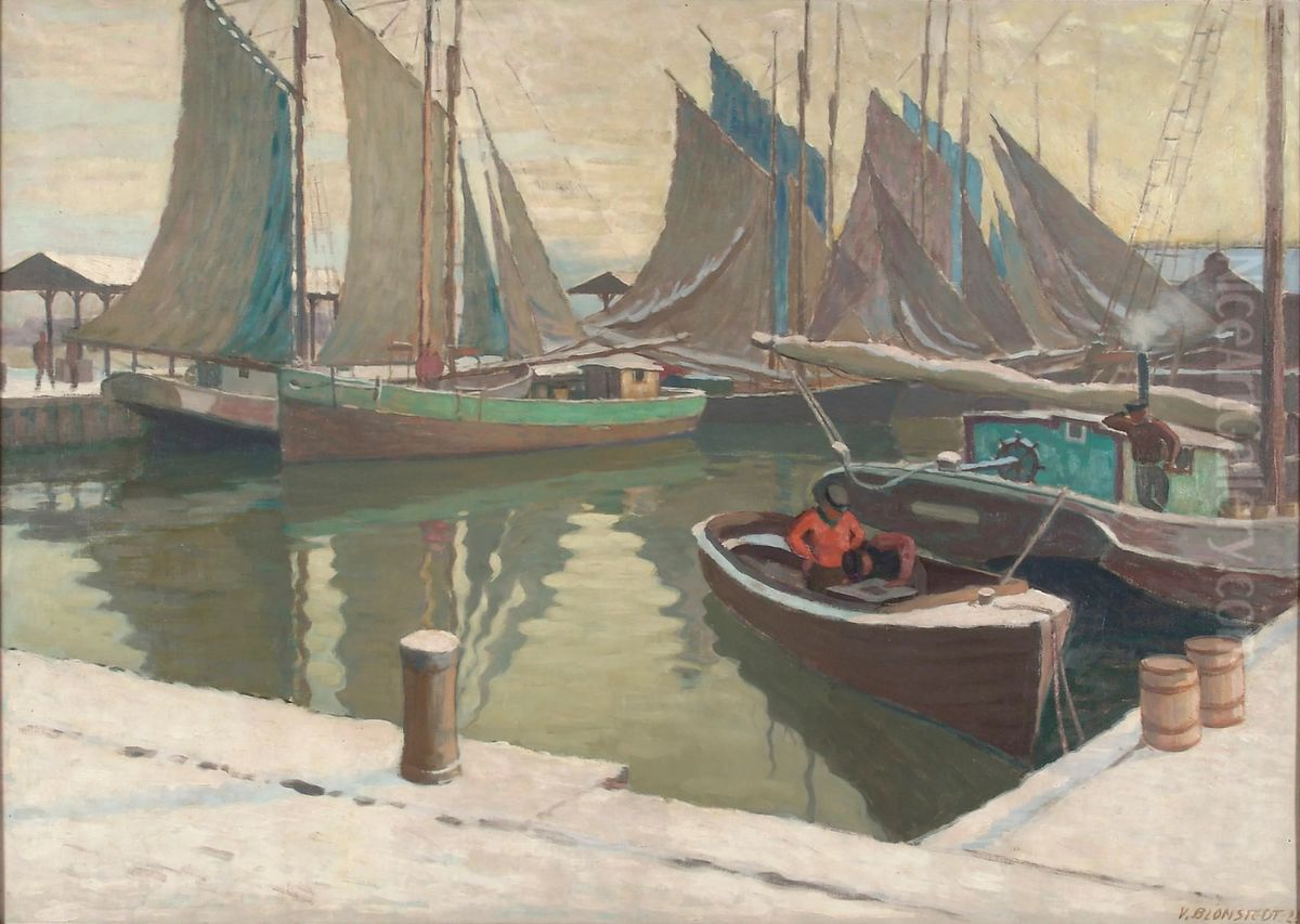 Talvinen satamakuva Oil Painting by Vaino Blomstedt