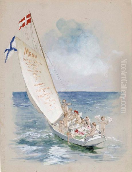 Purjevene myotatuulessa, ruokalistan luonnos Oil Painting by Albert Edelfelt