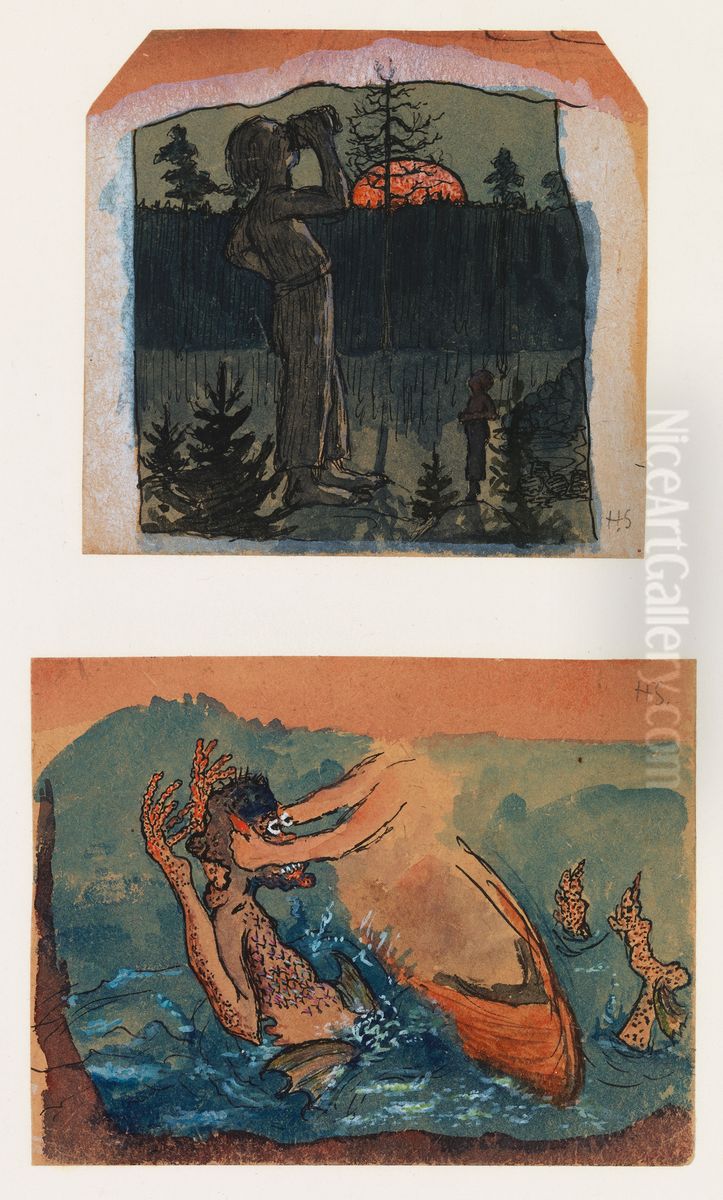 Fantasy 1. A Giant Drinking 2. Ikiturso Oil Painting by Hugo Simberg