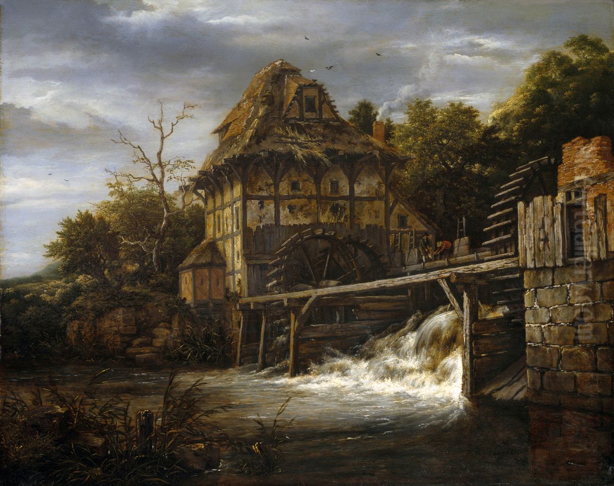 Two Undershot Watermills with Men Opening a Sluice Oil Painting by Jacob Van Ruisdael