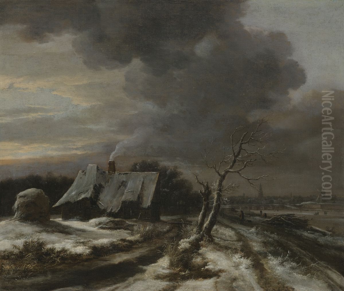 Winter landcape with a view of the Amstel river and Amsterdam Oil Painting by Jacob Van Ruisdael