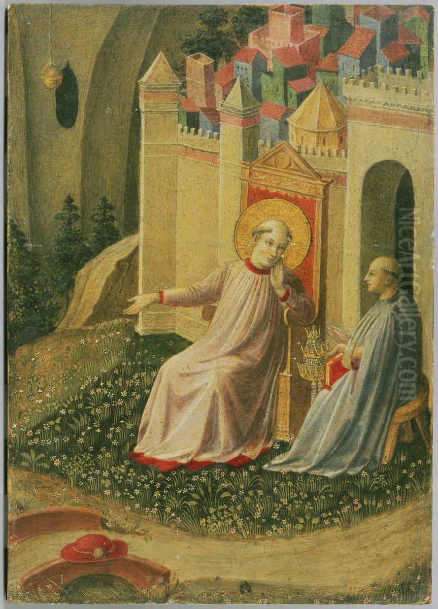 Gregoire le Grand refusant la tiare pontificale, extrait d'un panneau decoupe representant des scenes de la Thebaide Oil Painting by Fra Angelico