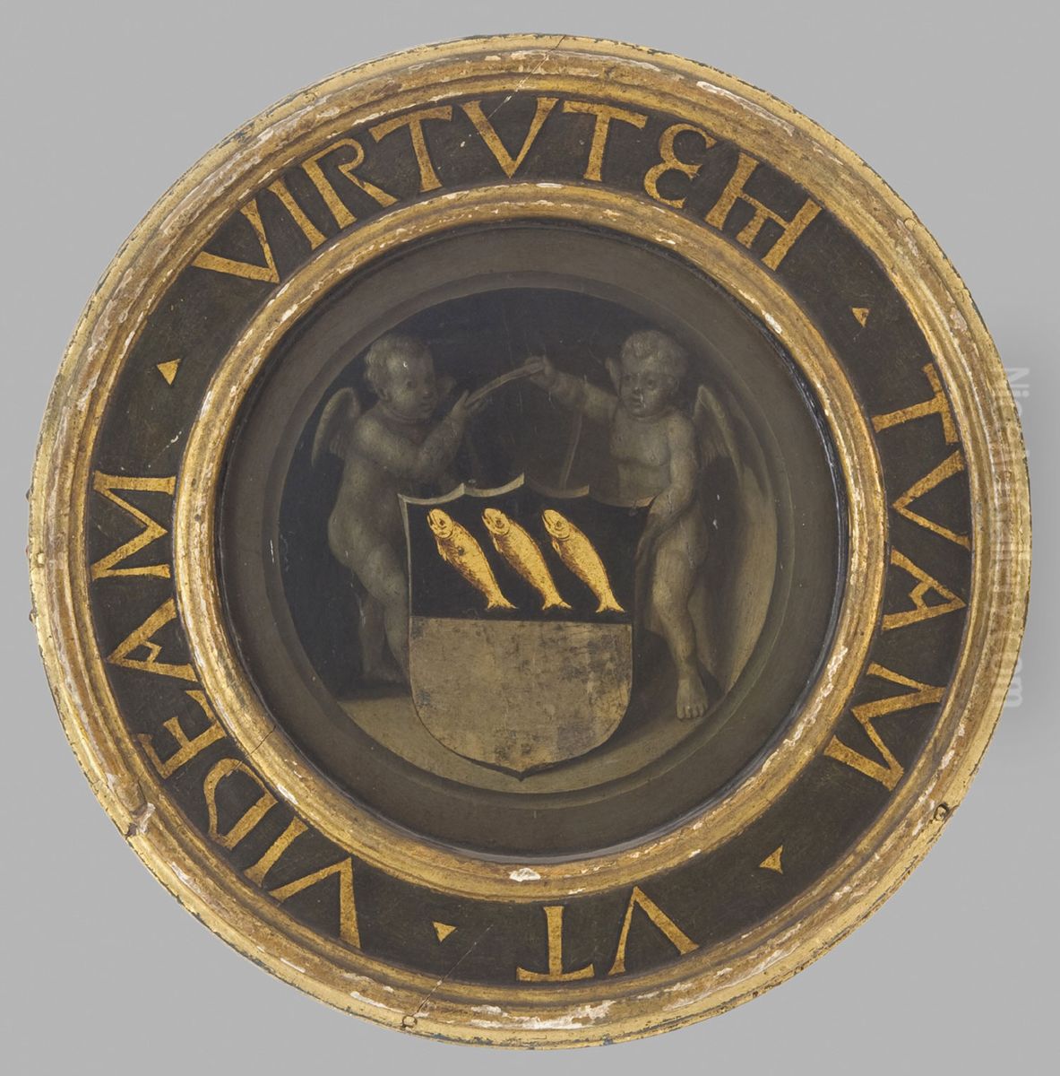 Two Putti Holding a Shield; reverse of Three Singing Angels; family shield of Van Volden Oil Painting by Jan Van Eyck