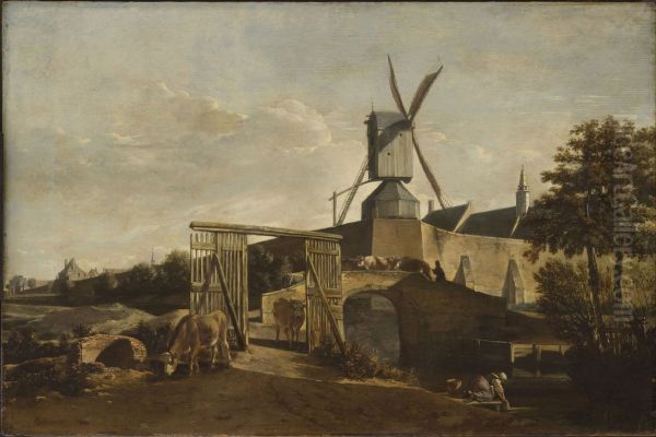 View of the Ramparts of Haarlem with the Pinkmolen Oil Painting by Gerrit Adriaenszoon Berckheyde