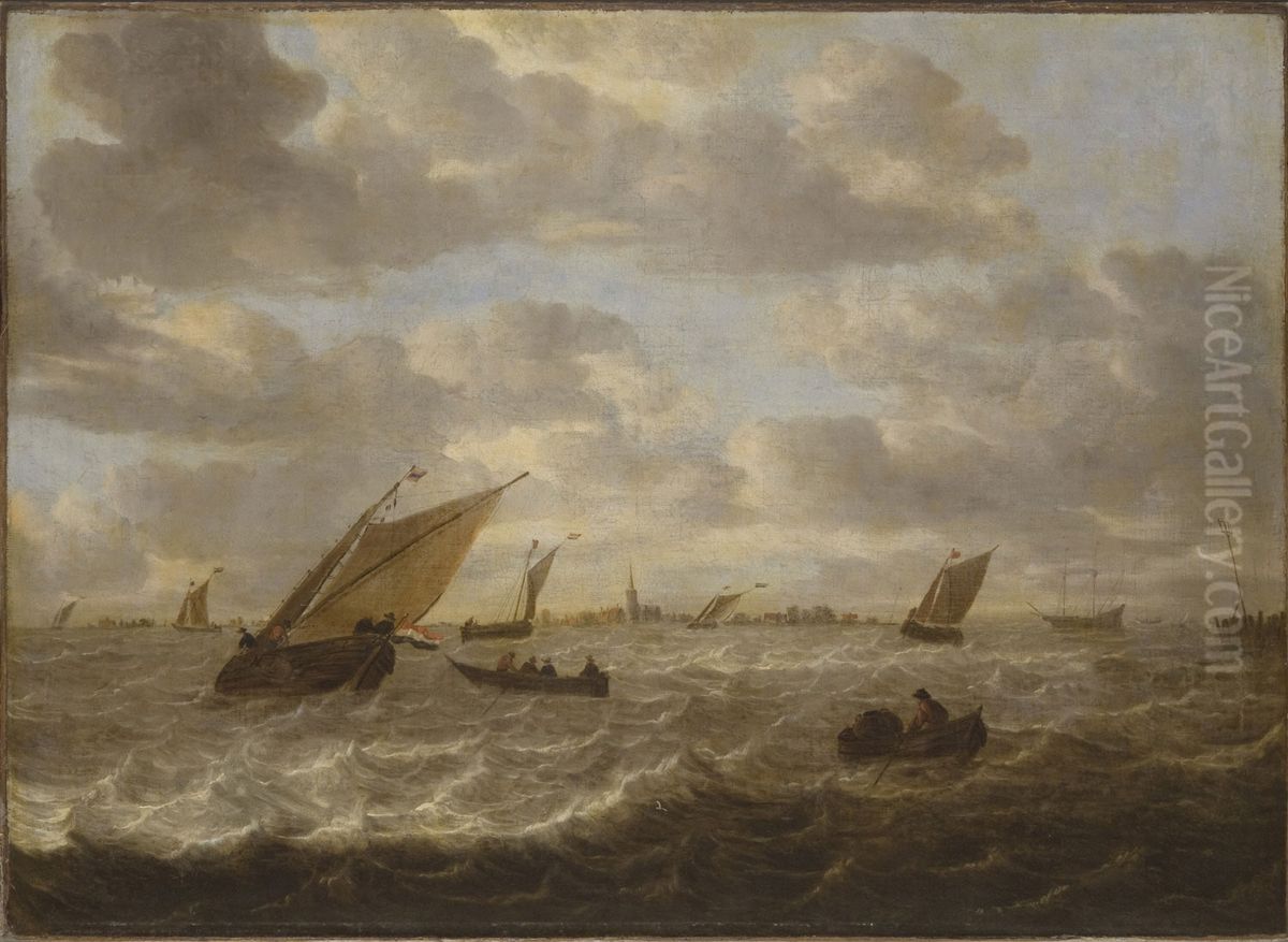 Schepen voor de kust; links en rechts zicht op een stad Oil Painting by Abraham Van Beijeren