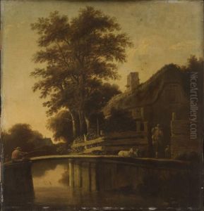 Cottage by a river, with an angler and sheep on a bridge