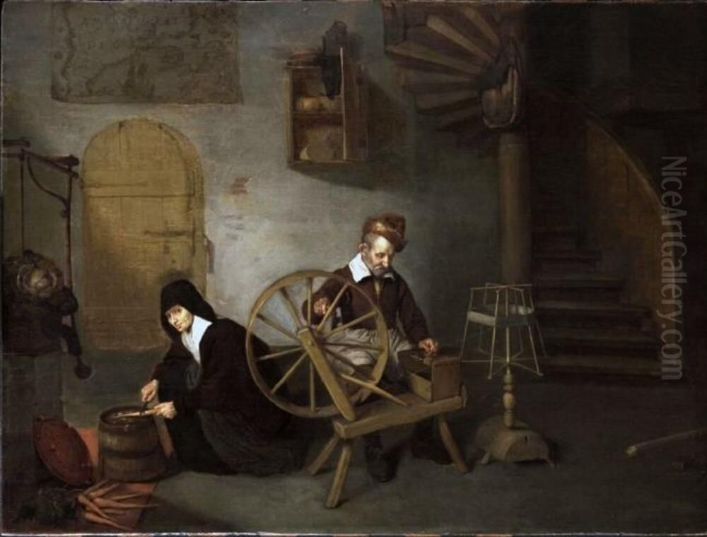 Interior with a spinner and a woman scraping carrots Oil Painting by Quirijn van Brekelenkam