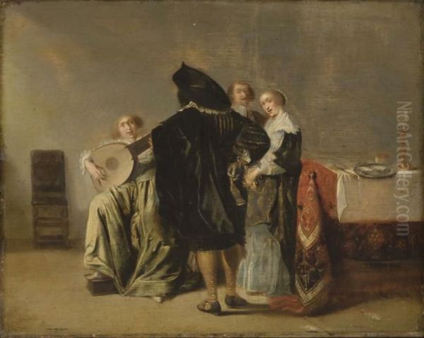 Elegant company playing music in an interior Oil Painting by Pieter Codde