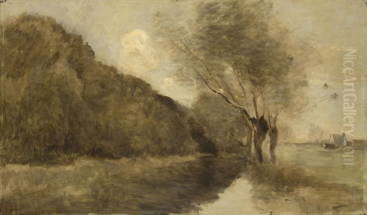 Landscape with a Stream and Willows near Gisors Oil Painting by Jean-Baptiste Camille Corot