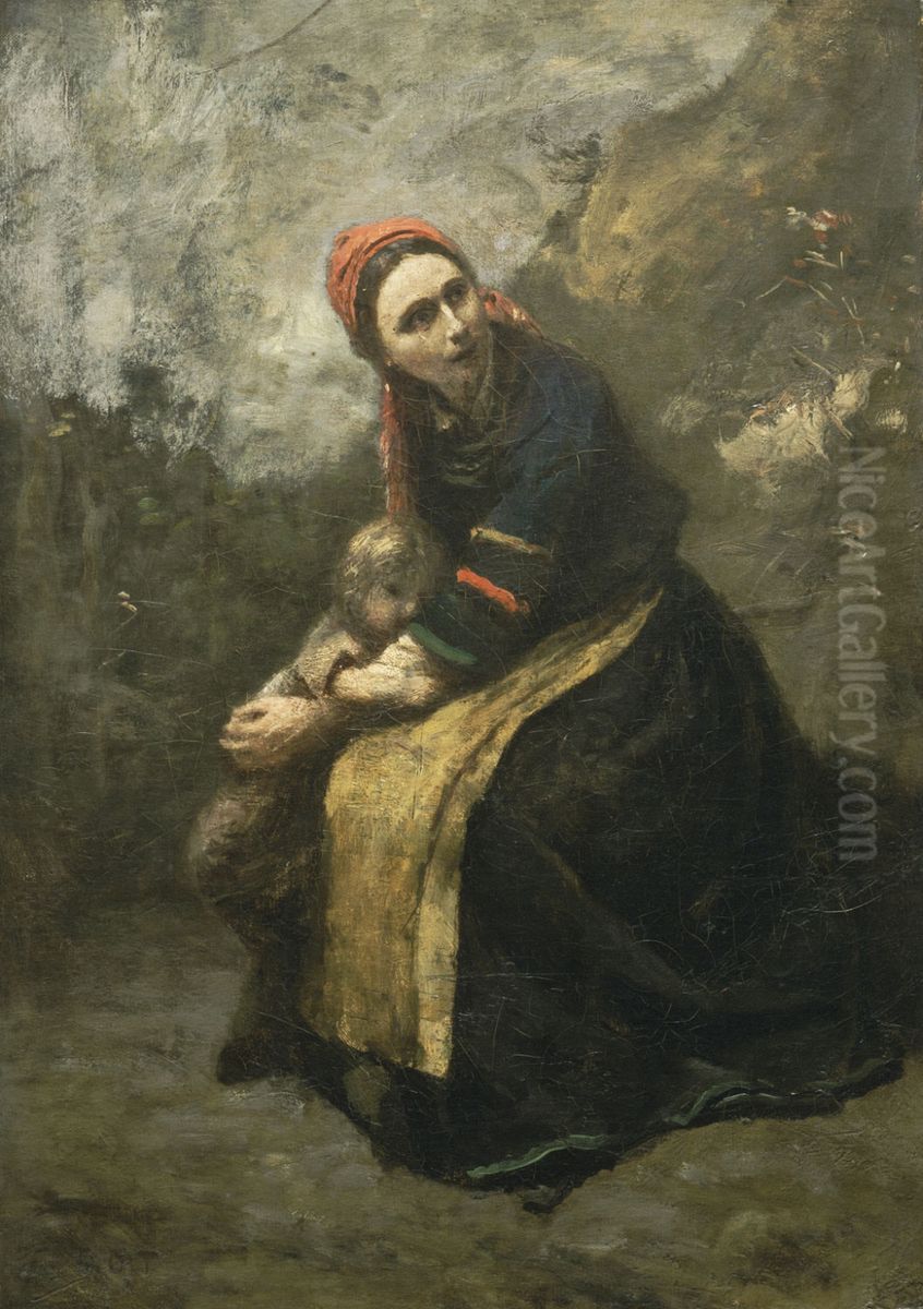 Mother Protecting Her Child Oil Painting by Jean-Baptiste Camille Corot