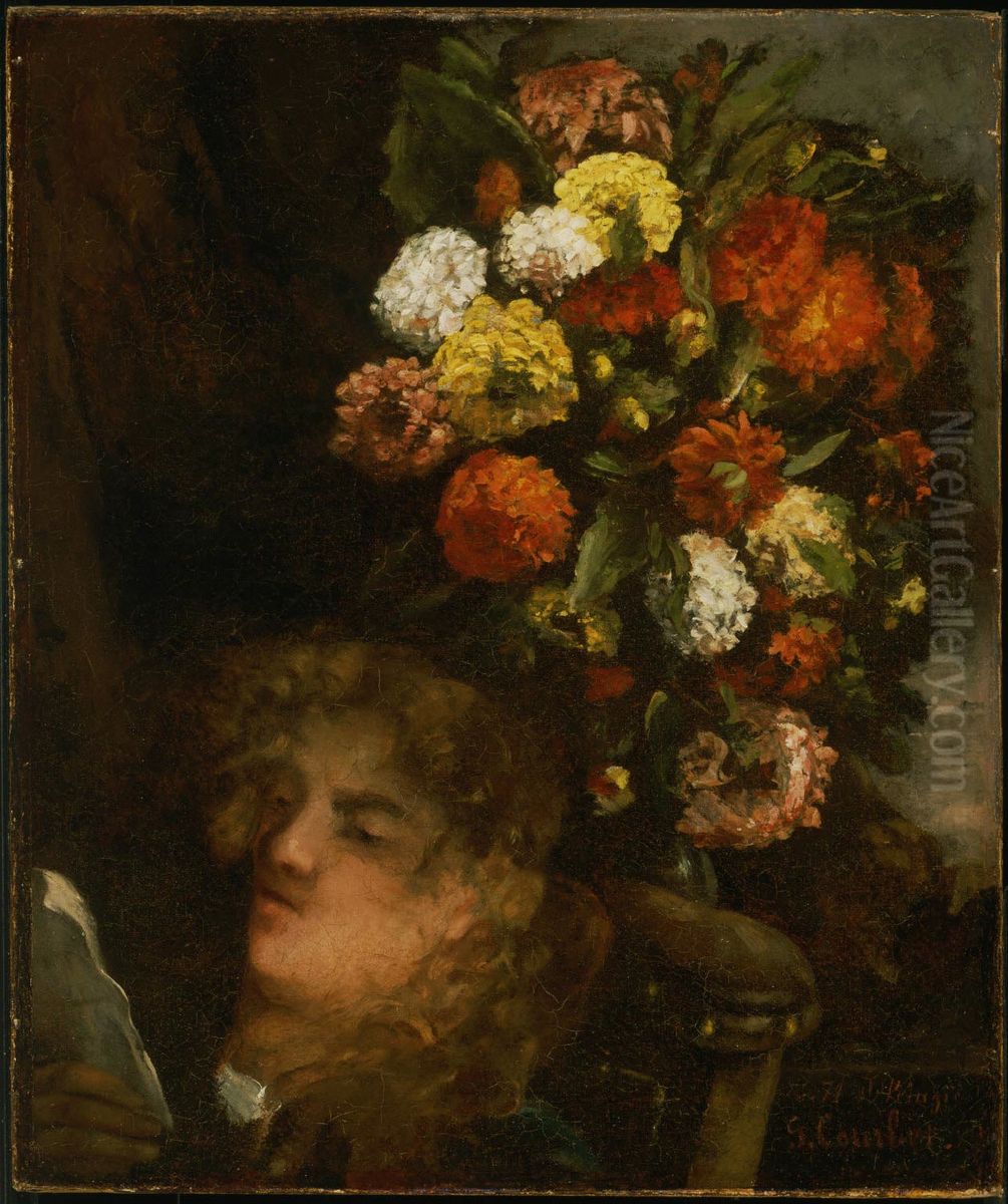 Tete de femme avec fleurs ; Femme aux dahlias ; Tete de roussotte Oil Painting by Gustave Courbet