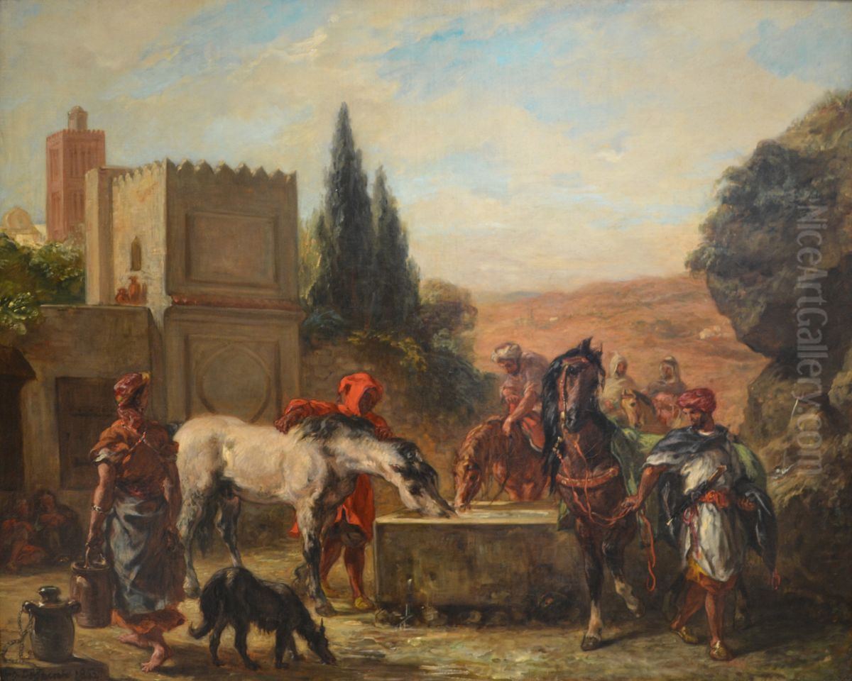Horses at a Fountain Oil Painting by Eugene Delacroix