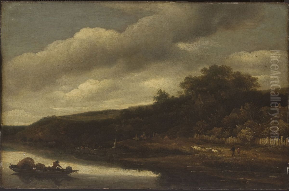 River landscape with rowing boats, a shepherd on the bank Oil Painting by Guillam Dubois