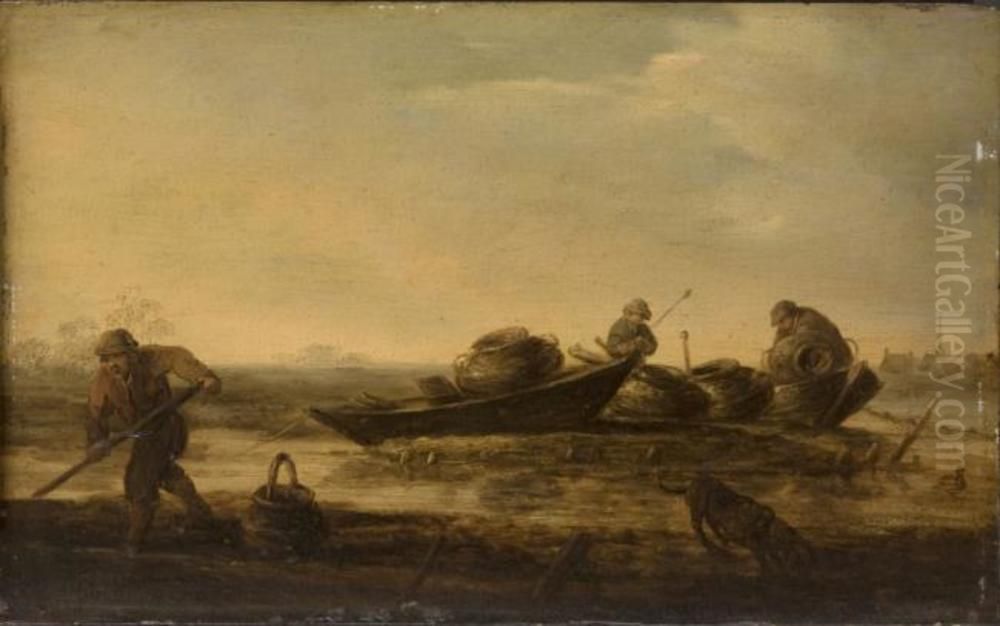 Fishermen with boats on a beach Oil Painting by Jan van Goyen