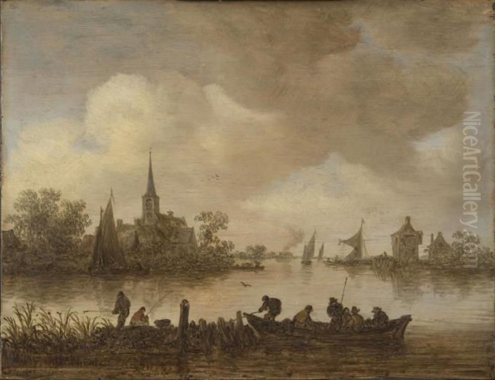 River view with a boat in the foreground Oil Painting by Jan van Goyen