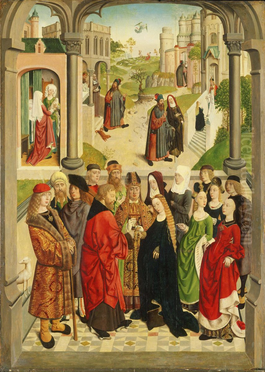 Het huwelijk van Maria. In de achtergrond (van links naar rechts) de geboorte van Maria, Joachim wordt de tempel uitgejaagd, de verkondiging aan Joachim, de ontmoeting bij de Gouden Poort en de presentatie van Maria in de tempel Oil Painting by Master of the Tiburtine Sibyl