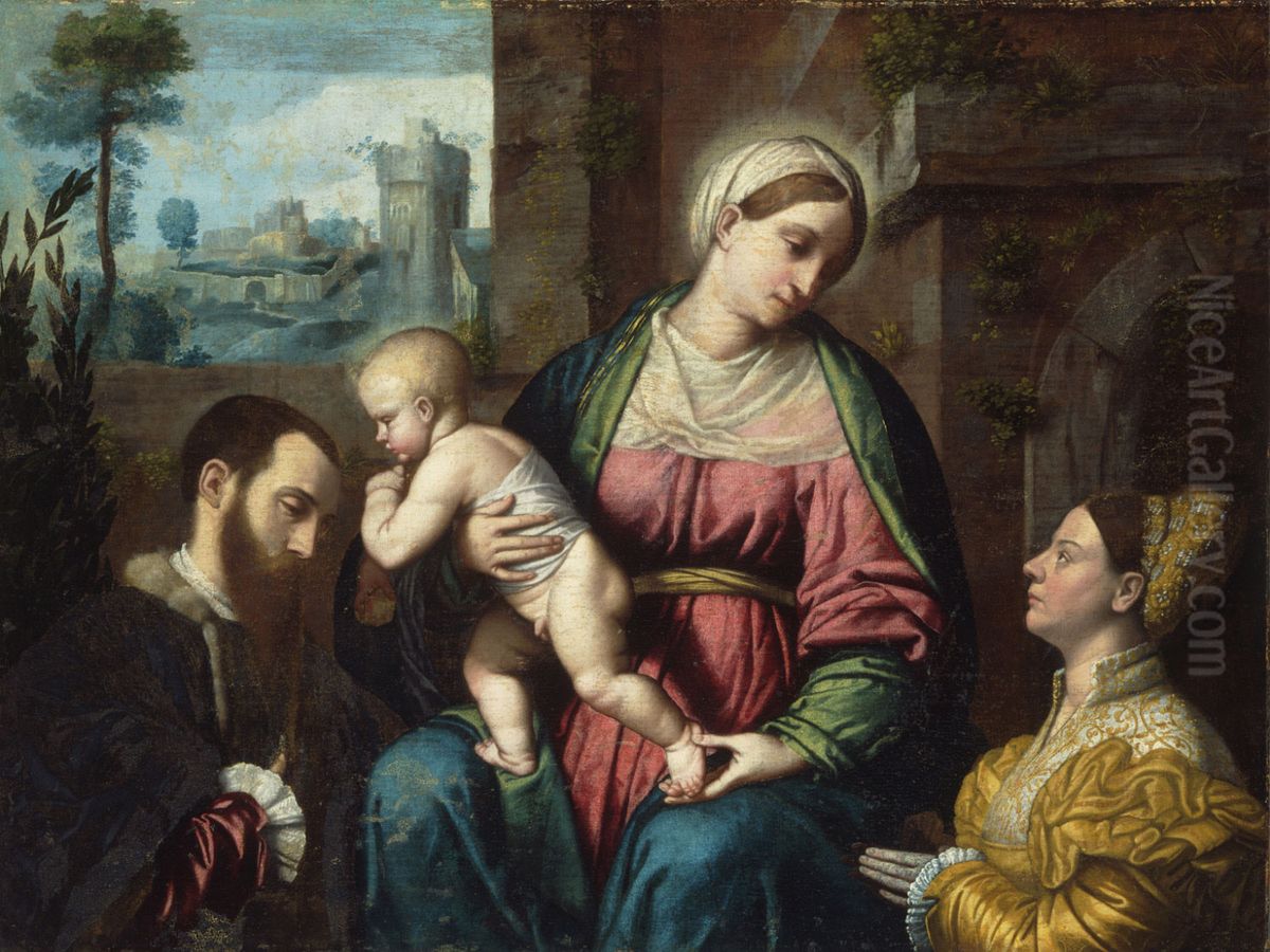 Madonna and Child with two donors Oil Painting by Alessandro Bonvicino (Moretto da Brescia)