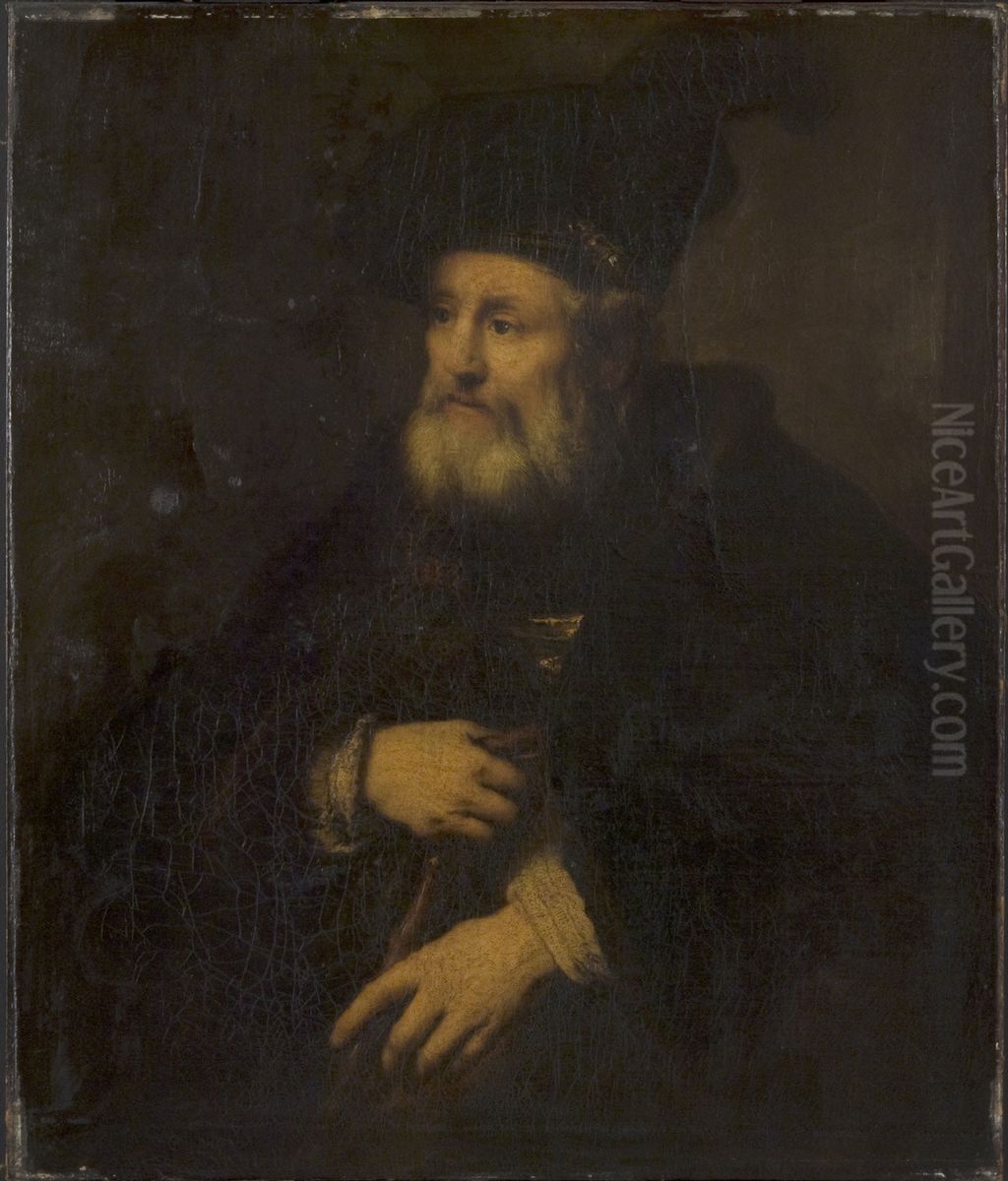 Old Man in Fanciful Costume Holding a Stick Oil Painting by Rembrandt