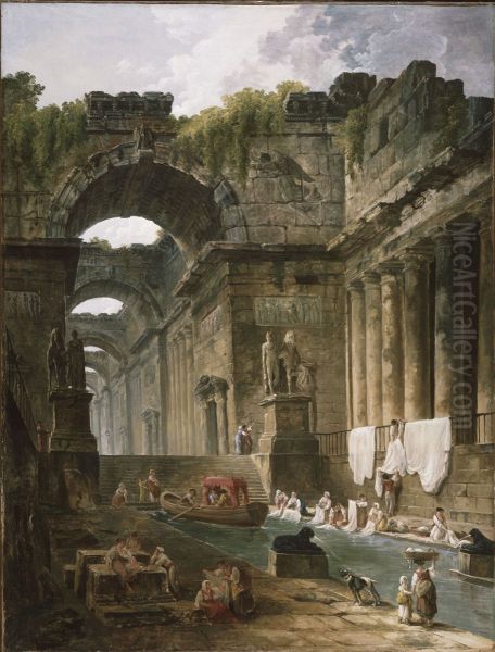 Ruins of a Roman Bath with Washerwomen Oil Painting by Hubert Robert