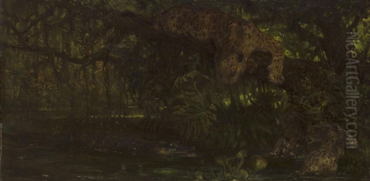 Jaguars and a Crocodile Oil Painting by John Macallan Swan