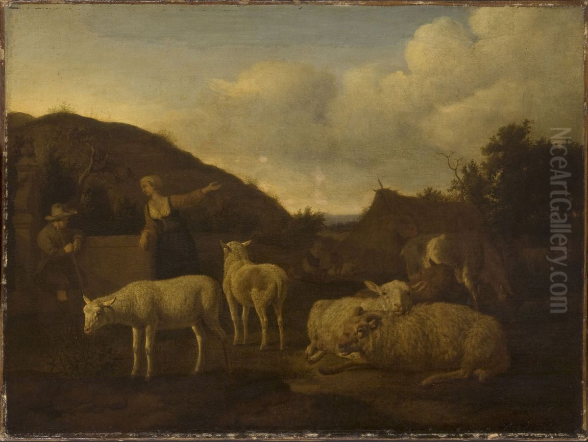 Landschap met vee en twee herders Oil Painting by Adriaen Van De Velde