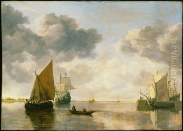 Shipping on calm waters Oil Painting by Simon De Vlieger