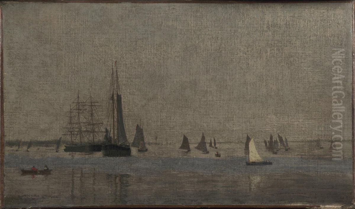 Ships and Sailboats on the Delaware Oil Painting by Thomas Cowperthwait Eakins