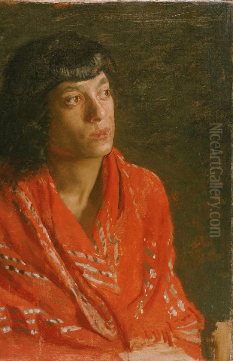 The Red Shawl Oil Painting by Thomas Cowperthwait Eakins
