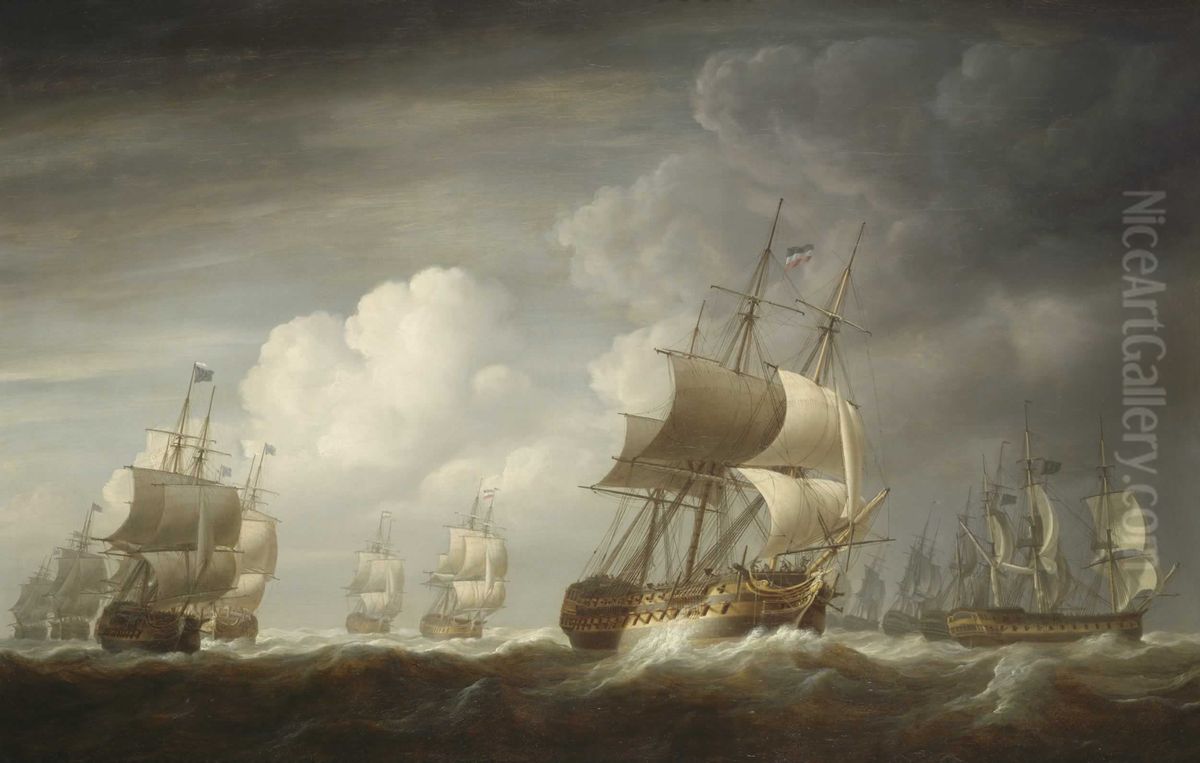 A fleet of East Indiamen at sea Oil Painting by Nicholas Pocock