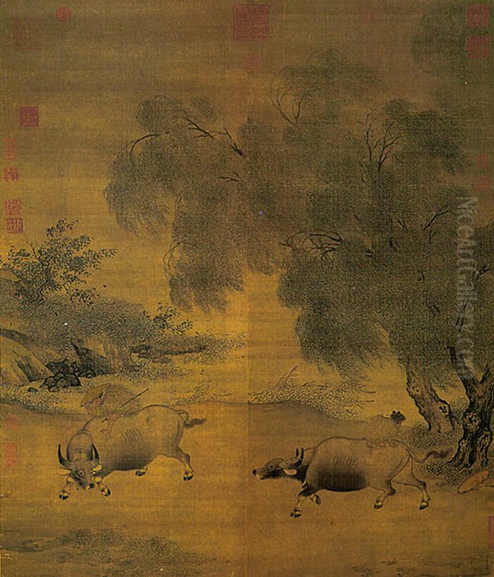Homeward Oxherds in Wind and Rain Oil Painting by Li Di