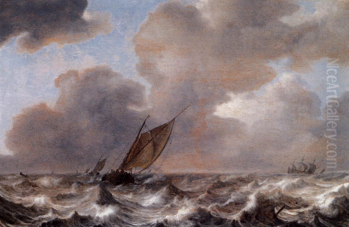 Vessels in a Strong Wind Oil Painting by Jan Porcellis