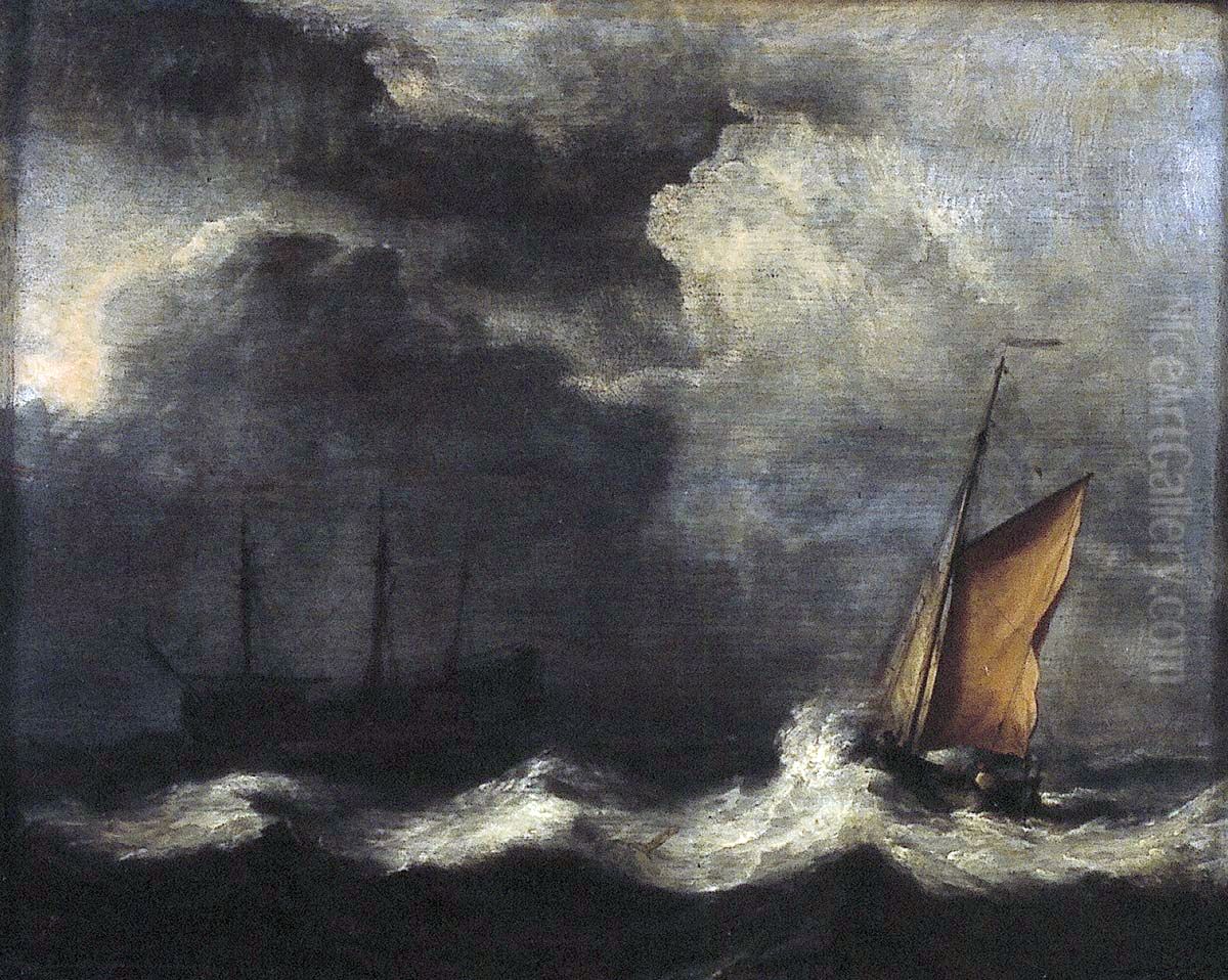 Dreimaster und Fischerboot bei sturmischer See Oil Painting by Willem van de Velde the Younger