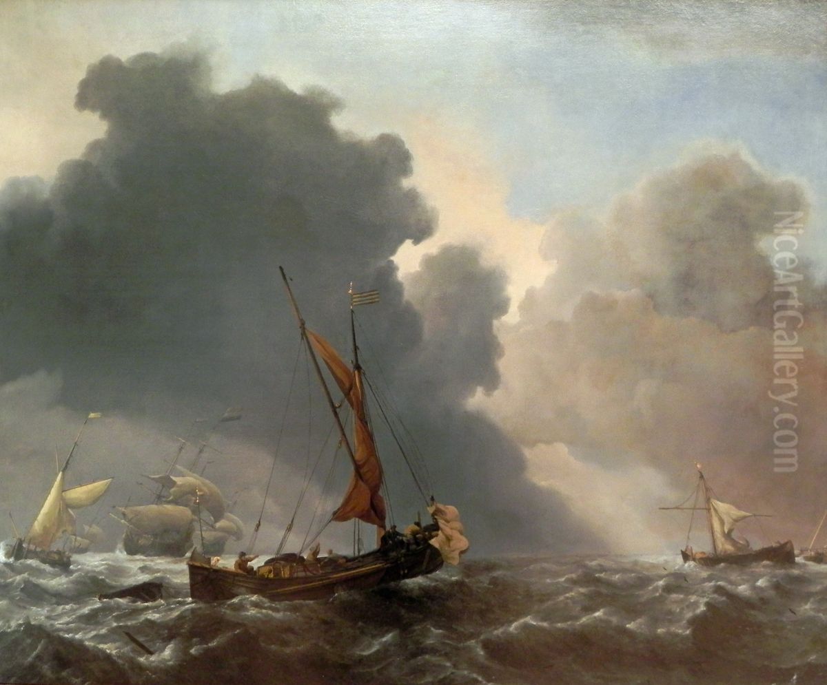 Eine Karg und andere Segler bei auffrischendem Wind Oil Painting by Willem van de Velde the Younger