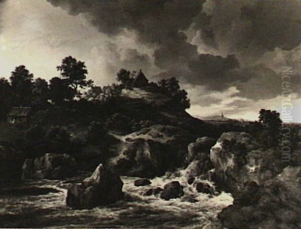 Hilly landscape with a waterfall Oil Painting by Jacob Van Ruisdael