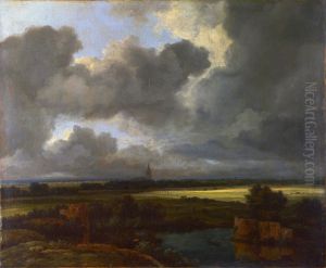 Weite Landschaft mit zerstorten Befestigungsanlagen und einer Kirche im Hintergrund
