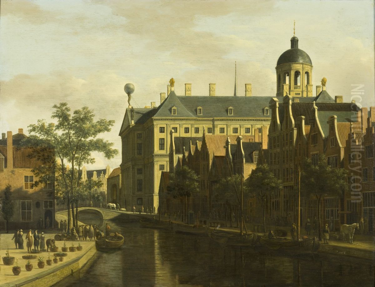 Amsterdam, de Bloemmarkt naar het Stadhuis gezien Oil Painting by Gerrit Adriaenszoon Berckheyde